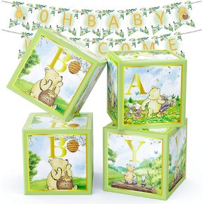 132pcs Classic Winnie Baby Shower Decorations Kit, All-in-1 Vintage Winnie Party Supplies Decorations, Classic The Pooh Backdrop Cake Topper, Winnie Baby Tablecloth Box Decorations for Baby Shower