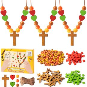 BeYumi Wooden Cross Necklace Craft - 24Pcs Fall Wooden Cross Beads Necklace Craft Kit for Kids DIY Thanksgiving Cross Necklace Autumn Religious Thankful Decor Sunday School Classroom Christian Favors