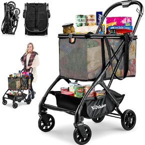 Triple Folding Shopping Utility Cart, 75Lbs Collapsible Grocery Cart with Removable Basket & Universal Wheels, Compact Lightweight Portable Personal Shopping Carts for Groceries, Luggage etc