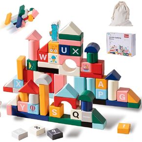 Wooden Blocks Set 88Pcs Building Blocks for Toddlers Shape Sorting Stacking Toy Natural Wood Storage Bag Educational Toy Set (Aie-01)