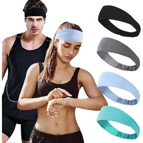 Sports Headbands for Men Women (4 Pack), Elastic Sweat Band Workout Headbands, Moisture Wicking Sweatband Headbands for Running, Baseball, Cycling, Football, Gym, Yoga - Hairband for Athletic