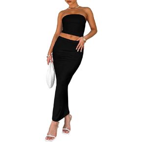 Skirt Sets Women 2 Piece Outfits - Sexy Two Pc Sleeveless Strapless Tube Crop Top Bodycon Midi Skirts Set