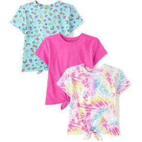 The Children's Place Girls' Short Sleeve Front Top, Tie Dye/Icons/Pink 3-Pack
