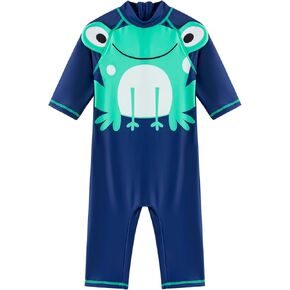 LIZENS Boys Rash Guard One Piece Swimsuit Short Sleeve for Kids Frog Print Zipper UPF 50+ Sun Protection 1-12Years