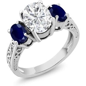 Gem Stone King 925 Sterling Silver White Moissanite and Blue Sapphire 3-Stone Ring | 3.21 Cttw | Oval 9X7MM and 6X4MM | 3 Stone Wedding Engagement Anniversary Promise Ring For Women