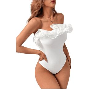 SHENHE Women's Elegant Off Shoulder Exaggerated Ruffle Trim Sleeveless Tube Top Bodysuit