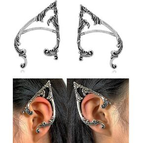 Gothic Elf Ear Cuffs Earrings for Women Pierced Silver Fairy Ear Cuff Earrings for Women Halloween Earrings Costume Cosplay Accessories Elven Earring Ear Cuffs 2Pcs