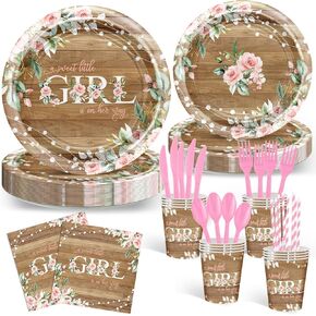 Avezano 192 Pcs Rustic Girl Baby Shower Party Decorations A Sweet Little Girl is on Her Way Baby Shower Party Tableware Set Baby Girl Party Dessert Plates Napkins Cups for Baby Shower 24 Guests