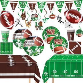 Football Party Supplies Kit - Includes Plates, Napkins, Cups, Banner, Hanging Swirl, Football Balloons, Touchdown Tablecloth for Football Birthday & Tailgate Party Decorations, Serve 24