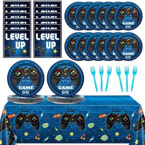 gisgfim Video Game Party Supplies Tableware Set for 20 Guests Gaming Party Birthday Plates Blue Gamer Party Decorations Includes 7inch Plates, Napkins, Tablecloth