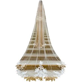 EllieWely Cathedral Length Floral Lace Soft Tulle Wedding Bridal Veil with Metal Comb