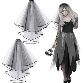 2 Pcs Halloween Black Gothic Veil Day of The Dead Black Lace Veil Halloween Bridal Veil Cosplay Veil for Women Wedding Bridal Shower Halloween Cosplay Masquerade Party, Medium