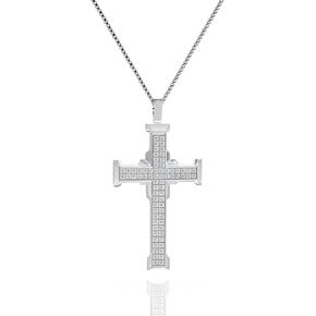 Men's Gold Zirconia Cross Necklace, Stainless Steel Religious Jewelry with 24" Pearl Chain, Hip Hop Style, Gift-Ready