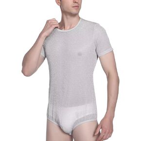 Mens Shiny Mesh Onesie Snap Crotch Romper Short Sleeve Bodysuit