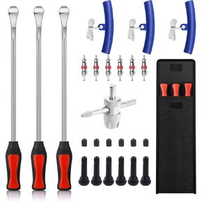 14.5" Tire Spoon Kit, 26pcs Tire Changing Tool for Motorcycle Dirt Bike Lawn Tractor Bicycle, Motorcycle Tire Changer Tire Removal Tool with 3pcs Rim Covers 6pcs Valve Tool Valve Cores