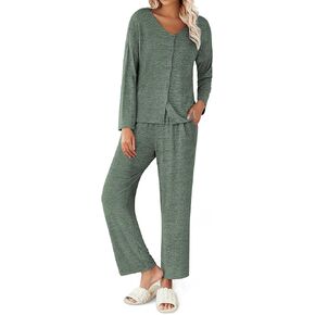 Ekouaer Womens Pajama Sets Button Up Long Sleeve Pjs Ribbed Knit Soft Lounge Set 2 Piece Sleepwear with Pockets