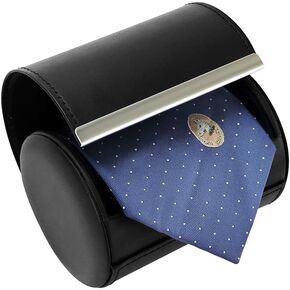 Leather Tie Case Box Organizer for Men's Necktie and Bow Tie Storage Travel Gift Box (long button, Black, 4.3" x 3.3" x 3.3")