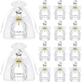 Holy Catholic Christian Water Bottles with Cross Organza Bags Lace Bow and Rope Water Container for Holy Communion Gifts Church Wedding Baptism Party Favors(White,12 Set)