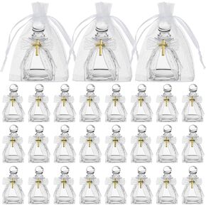 Chuangdi 24 Sets Wedding Holy Bottles 50ml Catholic Christian Clear Water Bottle with 24 Cross Lapel Pins, 24 Lace Bow Holy Glass Bottle for Holy Communion Gifts Church Wedding Party Favors Gift