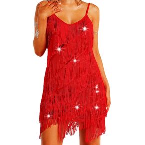 Fringe Dress Sling Tassel Hem Sparkly Spaghetti Strap Backless Bodycon Cocktail Party Mini Dresses for Women