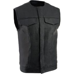 Milwaukee Leather LKM3721 Men's Black Leather Collarless Club Style Motorcycle Rider Vest w/Concealed Snap Closure