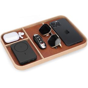SENEN Leather Tray, Stylish and Organized Multifunctional Tray, for Table Entryway, Premium PU Leather, Catchall Tray for Keys, Watch, Wallet, Jewelry, and More (Brown Frame)
