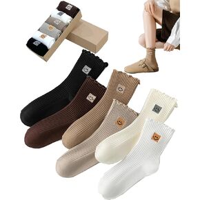 Women's Ruffle Funny Ankle Socks,Cute Smiling Face Embroidery Frilly Crew Sock,Gifts for Womens Socks 6 Pairs