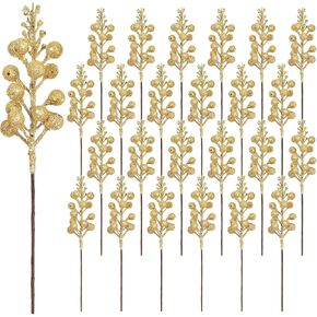 24 Pack 9 Inches Glitter Artificial Berry Stems, 15 Berries per Stem, Christmas Tree Picks Ornaments, DIY Xmas Wreath, Floral Arrangements Home Décor, Winter Wonderland Decoration (24, Gold, 9 Inch)