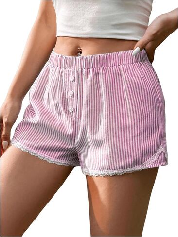 OYOANGLE Women's Striped Print Elastic Waisted Shorts Casual Outdoor Lace Trim Straight Leg Mini Shorts in Saudi Arabia