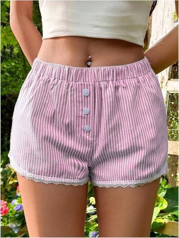 OYOANGLE Women's Striped Print Elastic Waisted Shorts Casual Outdoor Lace Trim Straight Leg Mini Shorts in Saudi Arabia