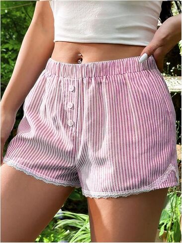 OYOANGLE Women's Striped Print Elastic Waisted Shorts Casual Outdoor Lace Trim Straight Leg Mini Shorts in Saudi Arabia