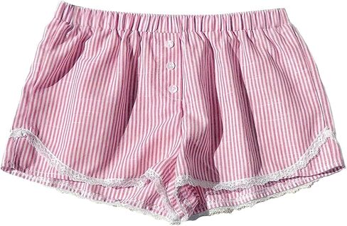 OYOANGLE Women's Striped Print Elastic Waisted Shorts Casual Outdoor Lace Trim Straight Leg Mini Shorts in Saudi Arabia