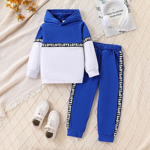 Toddler Girls 2-Piece Monogrammed Patchwork Colorblock Set Hooded Long Sleeve Top and Pants Set in Kuwait