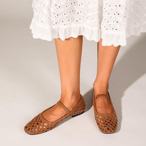 Woven Mesh Ballet Flats Shoes for Women with Elastic Strap Square Toe Breathable Slip On Flat Mary Janes Dress Casual Shoes in Saudi Arabia