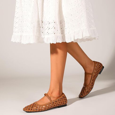 Woven Mesh Ballet Flats Shoes for Women with Elastic Strap Square Toe Breathable Slip On Flat Mary Janes Dress Casual Shoes in Saudi Arabia