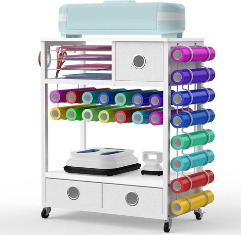 Craft Cart Compatible with Cricut Machine and Vinyl Roll, Craft Organizers and Storage with Drawers, Hooks and Height Adjustable Shelf, Rolling Storage Cart and Workstation for Accessories in Kuwait