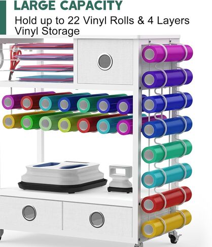 Craft Cart Compatible with Cricut Machine and Vinyl Roll, Craft Organizers and Storage with Drawers, Hooks and Height Adjustable Shelf, Rolling Storage Cart and Workstation for Accessories in Kuwait