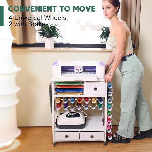 Craft Cart Compatible with Cricut Machine and Vinyl Roll, Craft Organizers and Storage with Drawers, Hooks and Height Adjustable Shelf, Rolling Storage Cart and Workstation for Accessories in Kuwait