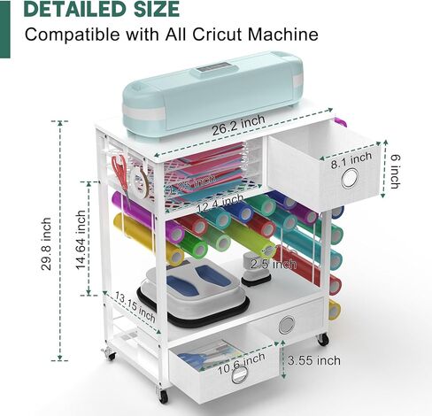 Craft Cart Compatible with Cricut Machine and Vinyl Roll, Craft Organizers and Storage with Drawers, Hooks and Height Adjustable Shelf, Rolling Storage Cart and Workstation for Accessories in Kuwait