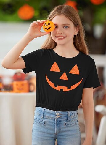 BesserBay Girls Halloween Printed Crewneck Short Sleeve Waist Trimming Crop Tops 5-14 Years in Kuwait