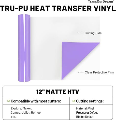 TransourDream Tru-PU لفة فينيل نقل الحرارة، 12 بوصة × 5 قدم فينيل أرجواني لافندر غير لامع لاستكشاف AIR 2، صانع، حجاب، مكواة HTV على الفينيل للقمصان، أرق، ناعم، لزج، غير قابل للطباعة in Kuwait