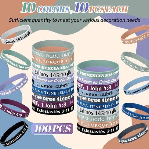 100 Pcs Spanish Bible Verse Rubber Wristbands Christian Silicone Wristbands Spanish Rubber Wristbands Jesus Inspirational Bracelets for Adult Women Men Religious Gifts Church(Bright) in Saudi Arabia