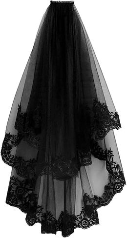 Black Lace Wedding Veil,Halloween Party Veil with Comb Cosplay Veil Accessories for Women in Saudi Arabia