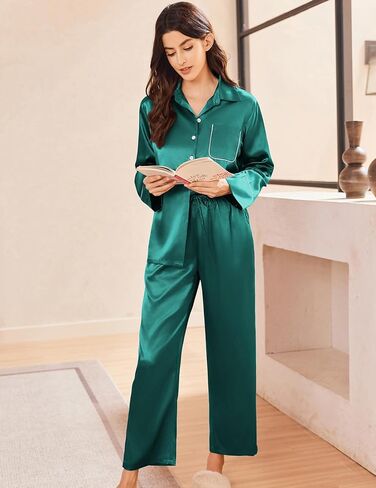 Ekouaer Silk Pajamas for Women Satin Pajama Sets Button Down Lounge Sets Silky Pajama Long Pants Sleepwear with Pockets in Saudi Arabia