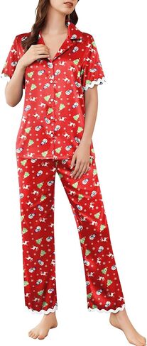 Ekouaer Womens Silk Satin Pajamas Set Button Down 2 Piece Pjs Short Sleeve Long Pants Sleepwear Lounge Set, S-XXL in Saudi Arabia
