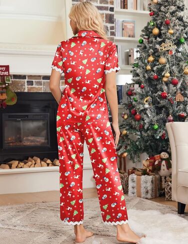 Ekouaer Womens Silk Satin Pajamas Set Button Down 2 Piece Pjs Short Sleeve Long Pants Sleepwear Lounge Set, S-XXL in Saudi Arabia