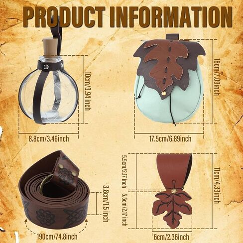 6 قطع من حقيبة حزام أوراق الشجر لإكسسوارات عصر النهضة النسائية، حزام جلد الفايكنج من العصور الوسطى، زجاجات الجرعة، إكسسوارات التنورة للمشي لمسافات طويلة، حقيبة حزام رين فير، حزام الجنية، الكوسبلاي in Kuwait