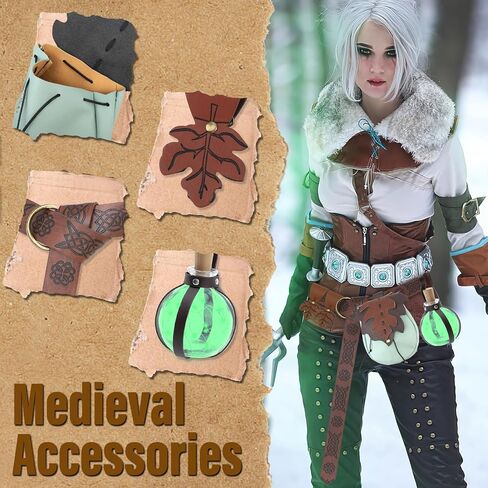 6 قطع من حقيبة حزام أوراق الشجر لإكسسوارات عصر النهضة النسائية، حزام جلد الفايكنج من العصور الوسطى، زجاجات الجرعة، إكسسوارات التنورة للمشي لمسافات طويلة، حقيبة حزام رين فير، حزام الجنية، الكوسبلاي in Kuwait