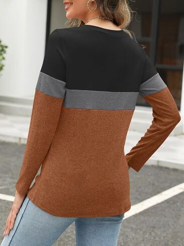 Women's Long Sleeve Shirts Zipper Color Block V Neck Tunic Tops Casual Blouse in Saudi Arabia