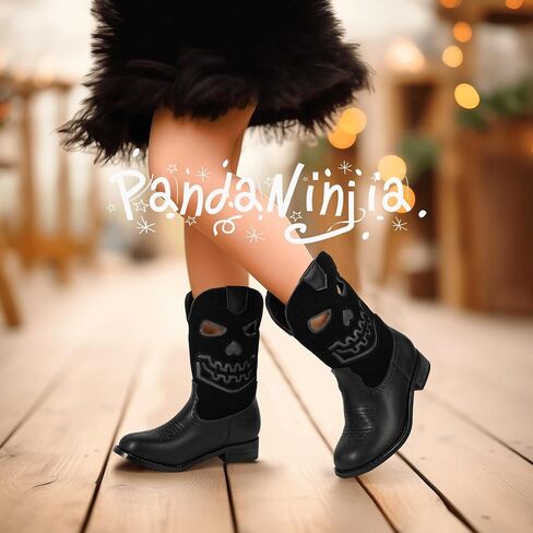 PANDANINJIA Girls Cowboy Boots For Boys Kids Toddler Western Mid Calf Cowgirl Boots Riding Shoes With Halloween Skull Element Booties in Saudi Arabia